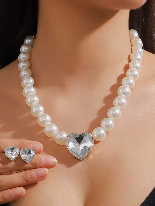 Pearl & Heart Crystal Necklace Set
