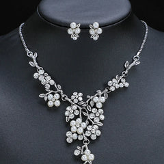 Floral Pearl & CZ Stone Necklace Set