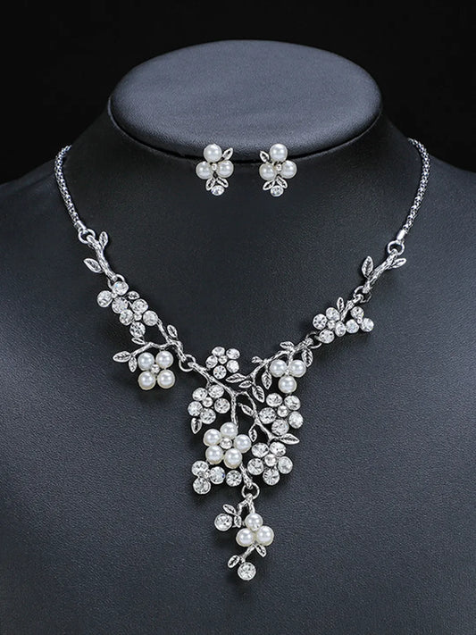 Floral Pearl & CZ Stone Necklace Set