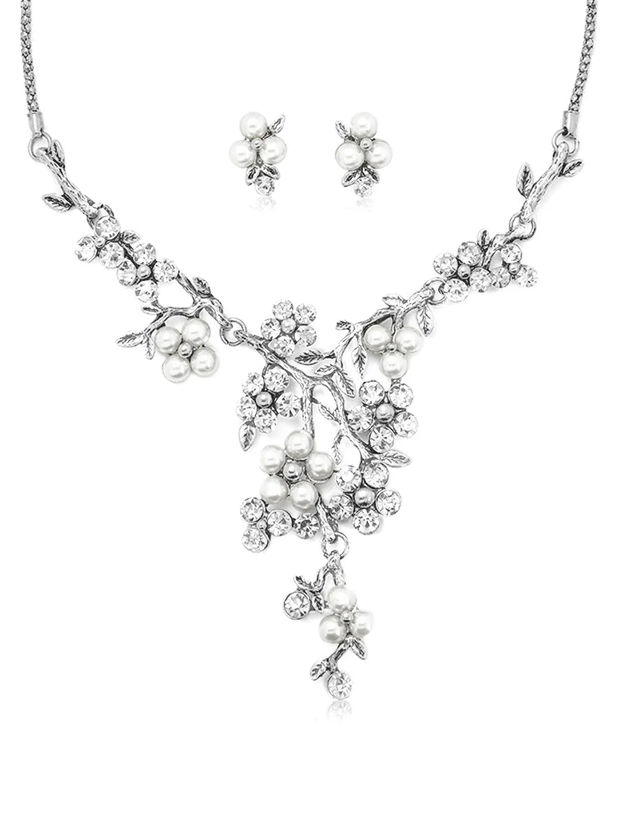 Floral Pearl & CZ Stone Necklace Set
