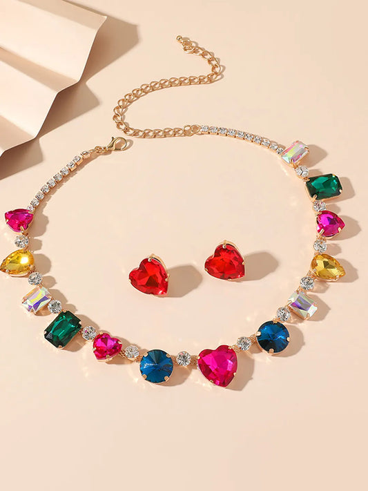 Rainbow Heart Statement Necklace Set