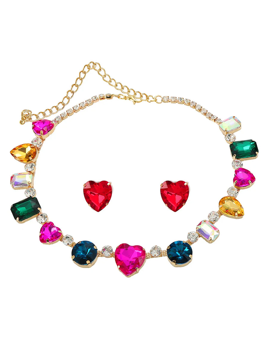 Rainbow Heart Statement Necklace Set