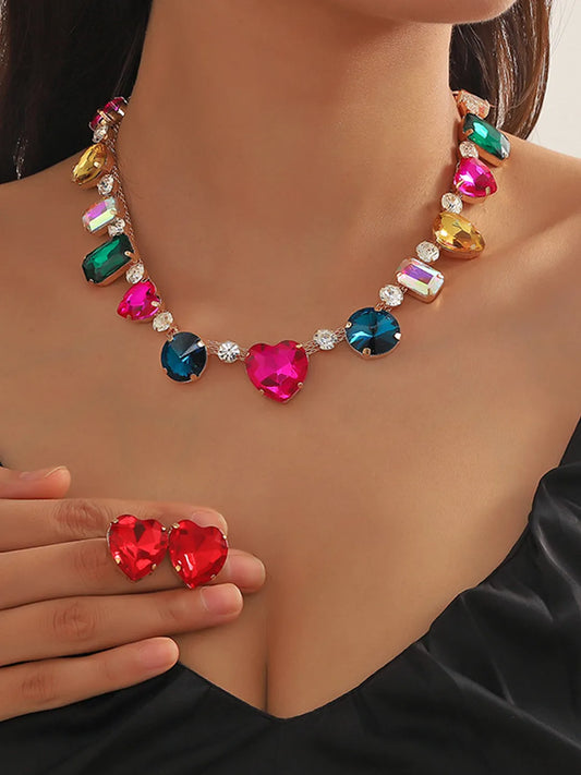 Rainbow Heart Statement Necklace Set