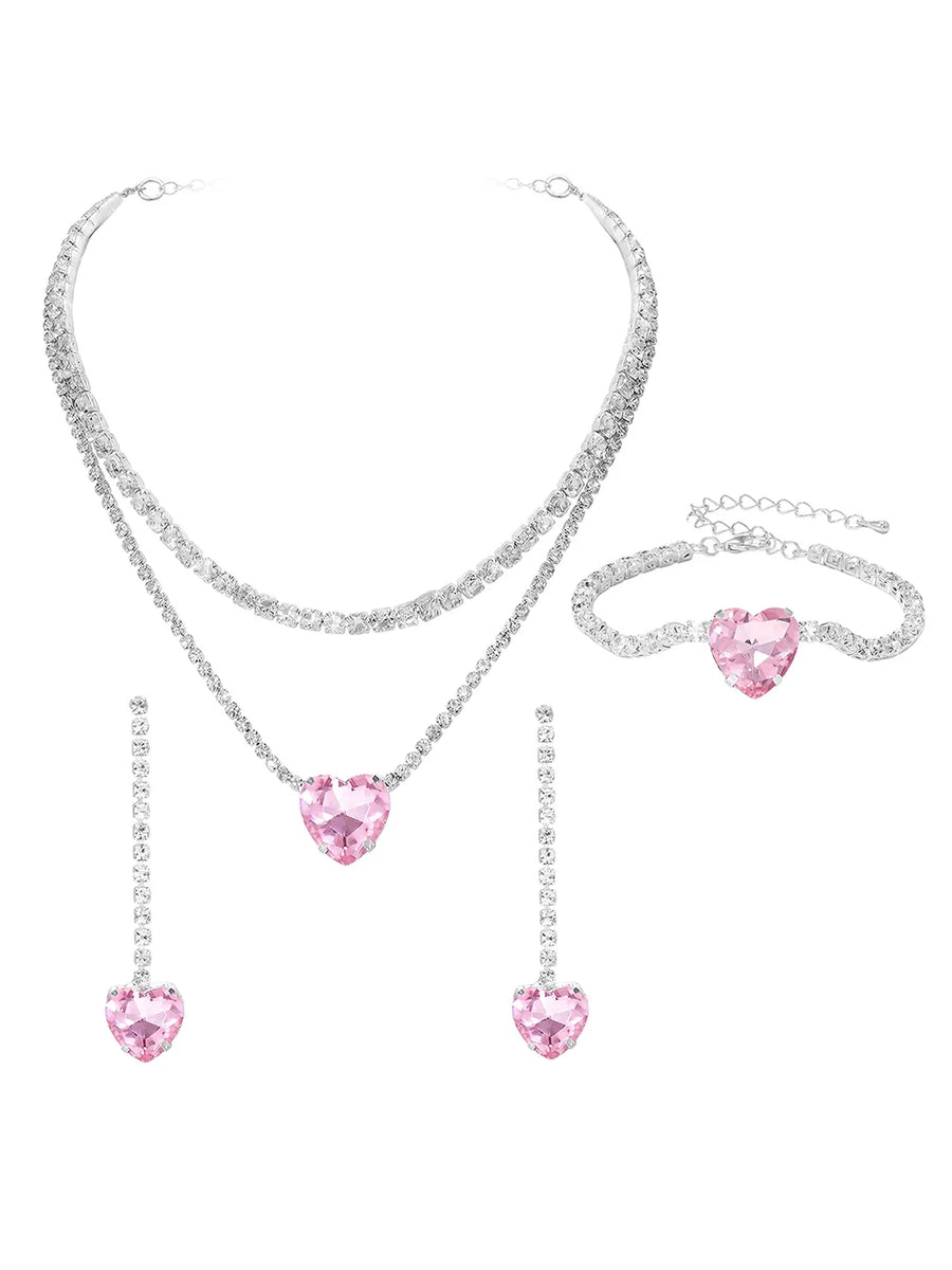 Rhodium Plated Pink Heart Jewellery Set