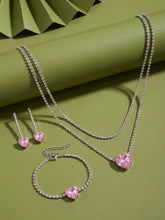 Rhodium Plated Pink Heart Jewellery Set