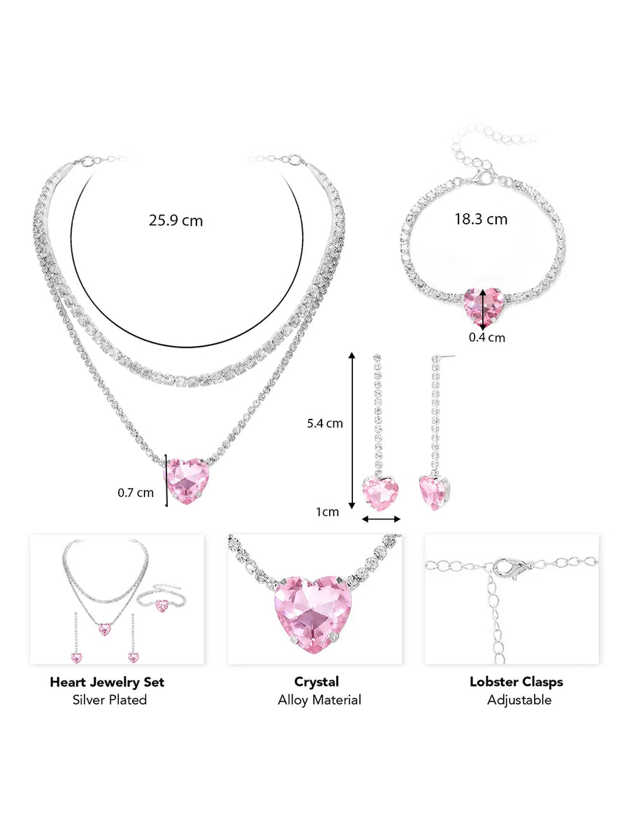 Rhodium Plated Pink Heart Jewellery Set