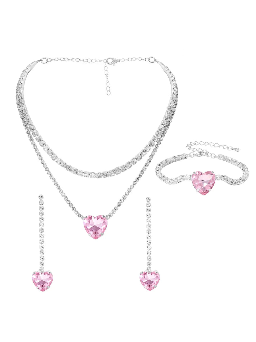 Rhodium Plated Pink Heart Jewellery Set