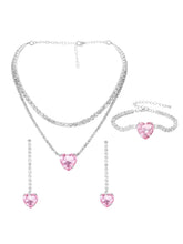 Rhodium Plated Pink Heart Jewellery Set
