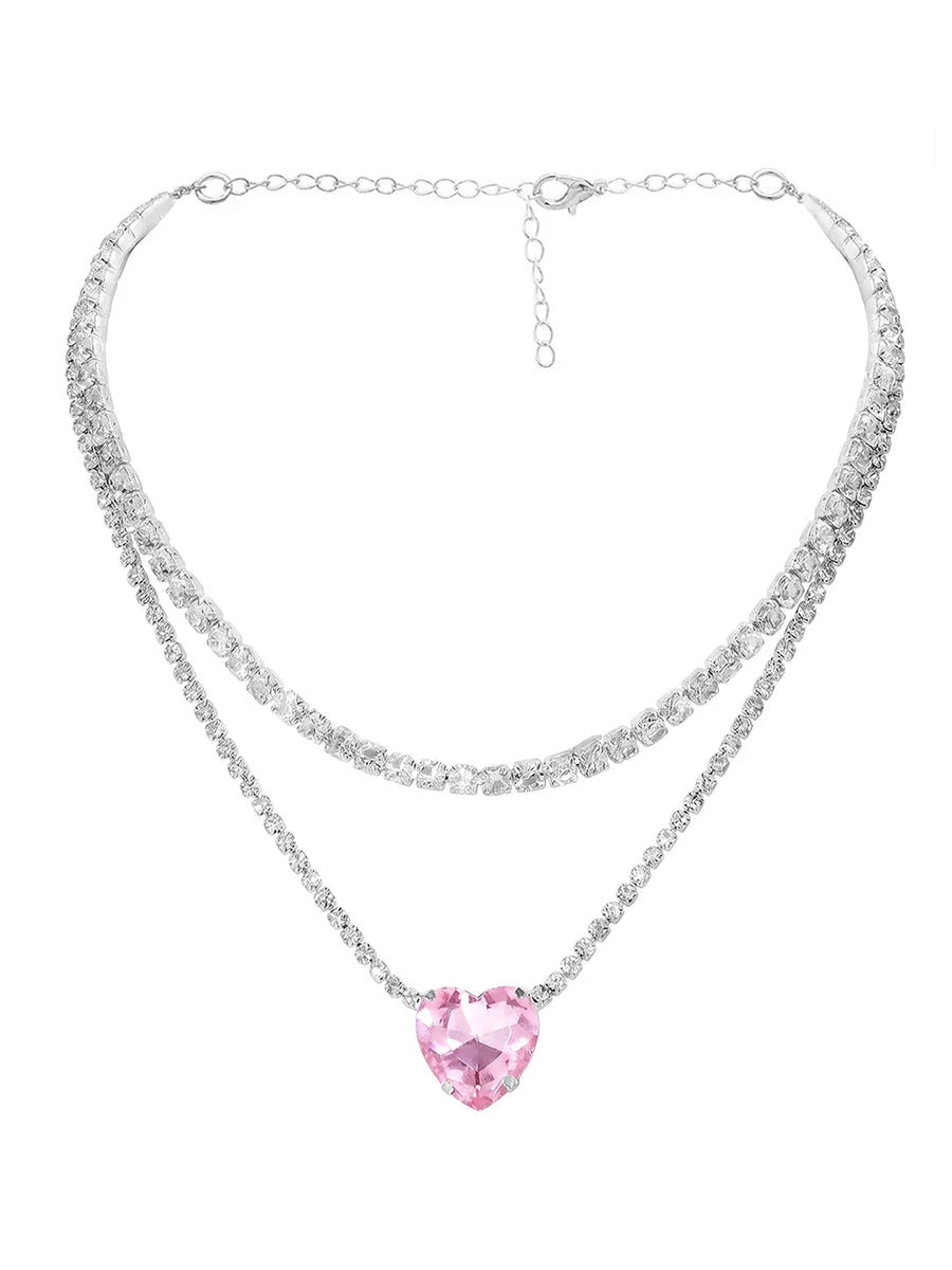 Rhodium Plated Pink Heart Jewellery Set