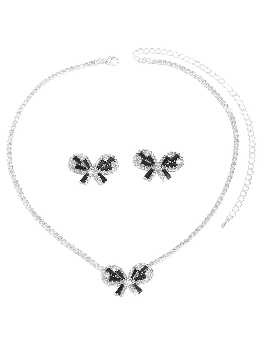 Peora Sparkling Black White CZ Bow Necklace Set