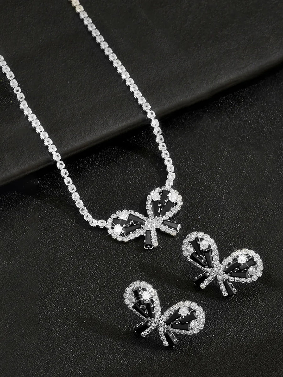 Peora Sparkling Black White CZ Bow Necklace Set