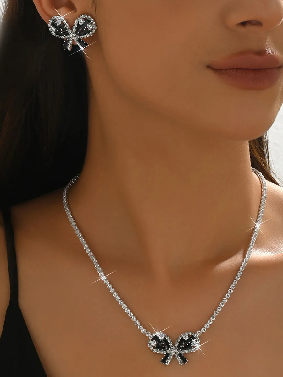Peora Sparkling Black White CZ Bow Necklace Set