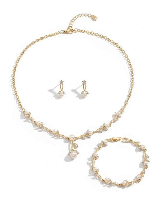 Gold Pearl Leaf Necklace Bracelet Earring Set