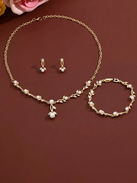 Gold Pearl Leaf Necklace Bracelet Earring Set