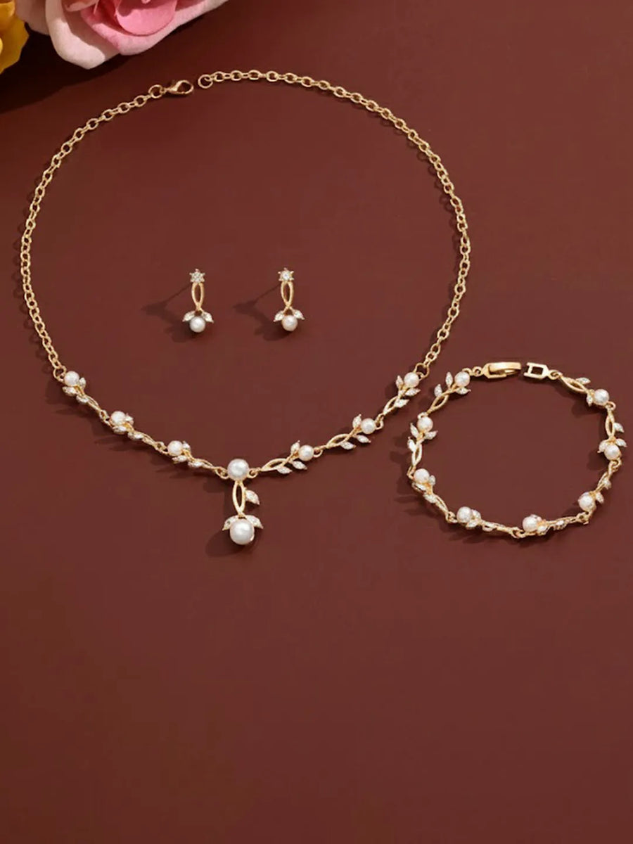 Gold Pearl Leaf Necklace Bracelet Earring Set