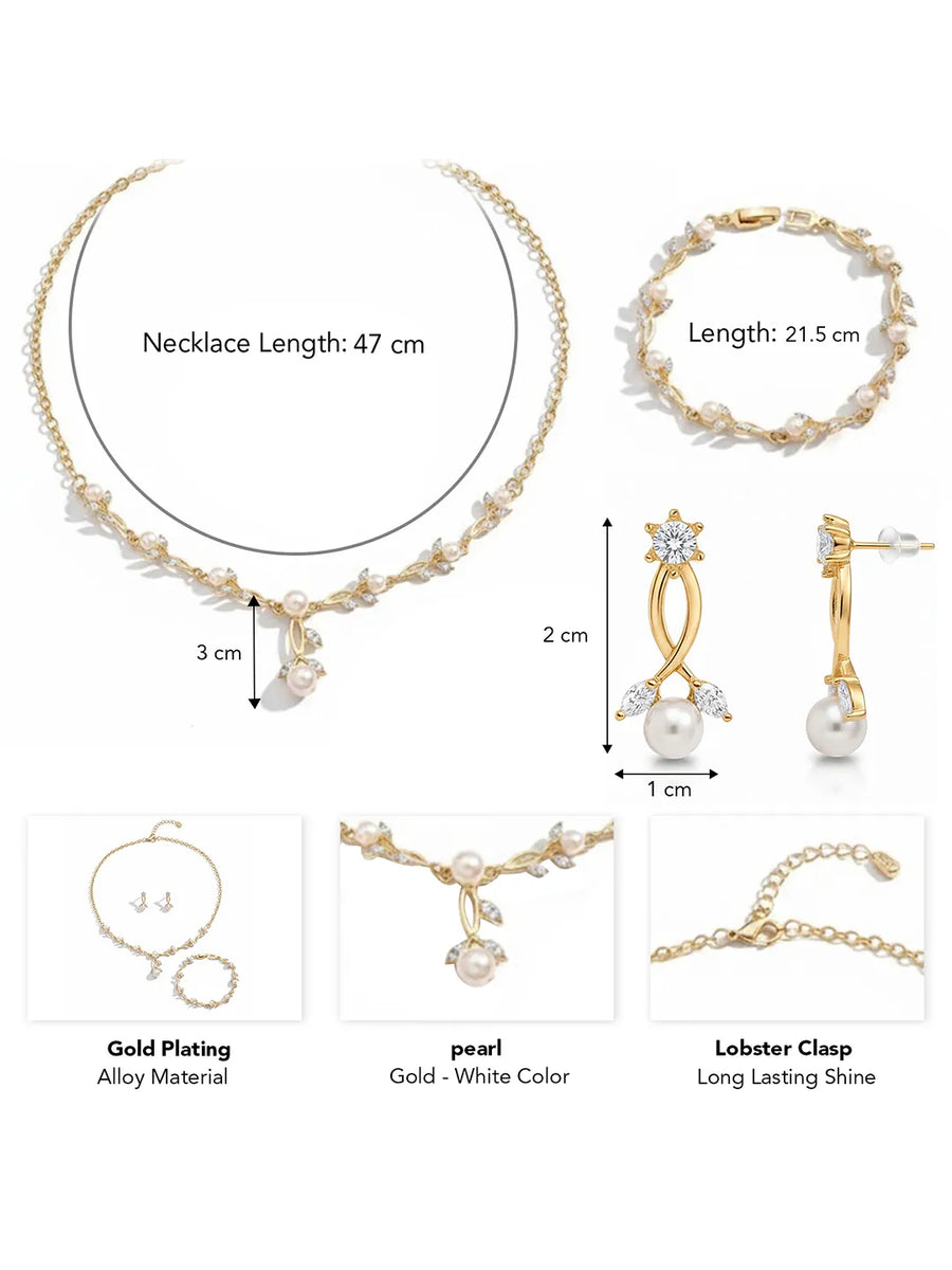 Gold Pearl Leaf Necklace Bracelet Earring Set