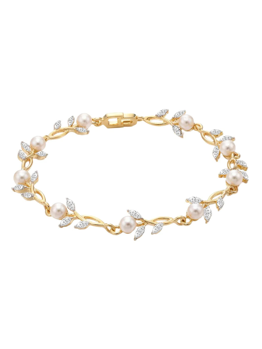 Gold Pearl Leaf Necklace Bracelet Earring Set