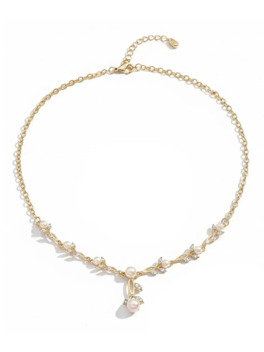 Gold Pearl Leaf Necklace Bracelet Earring Set