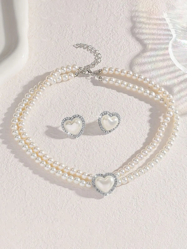 Peora heart Motif Double Layer Pearl Necklace Set