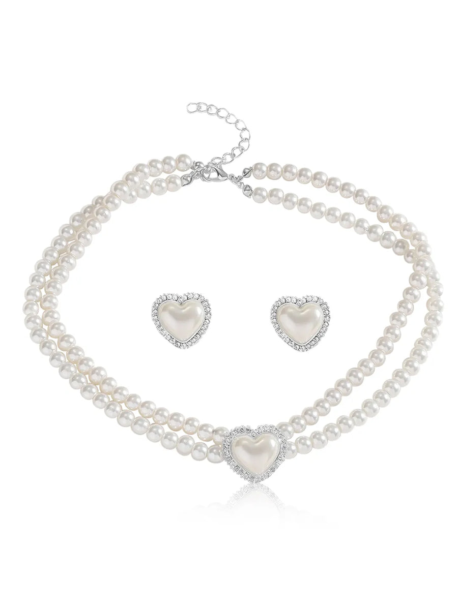 Peora heart Motif Double Layer Pearl Necklace Set