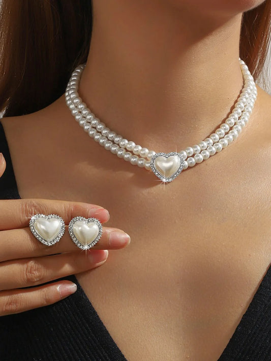 Peora heart Motif Double Layer Pearl Necklace Set