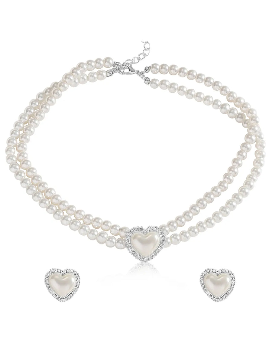 Peora heart Motif Double Layer Pearl Necklace Set
