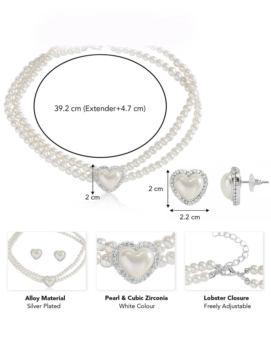 Peora heart Motif Double Layer Pearl Necklace Set
