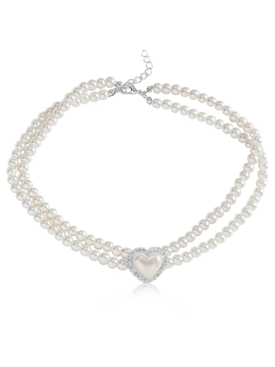 Peora heart Motif Double Layer Pearl Necklace Set