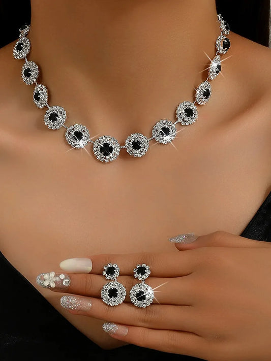 Peora Black CZ Floral Halo Silver Necklace Set