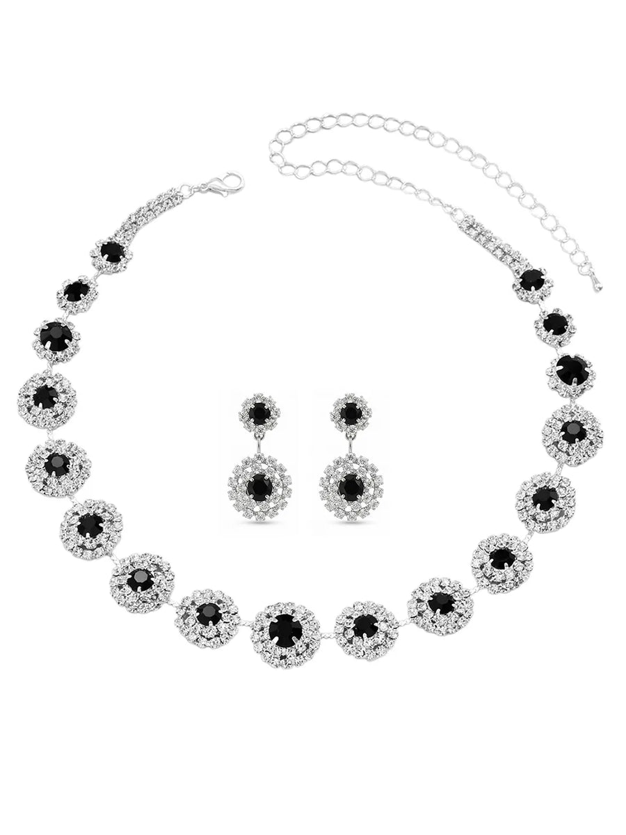 Peora Black CZ Floral Halo Silver Necklace Set