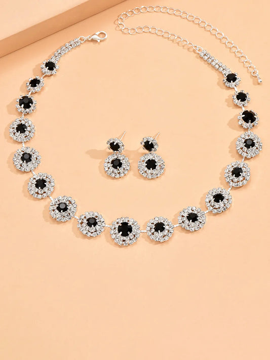 Peora Black CZ Floral Halo Silver Necklace Set