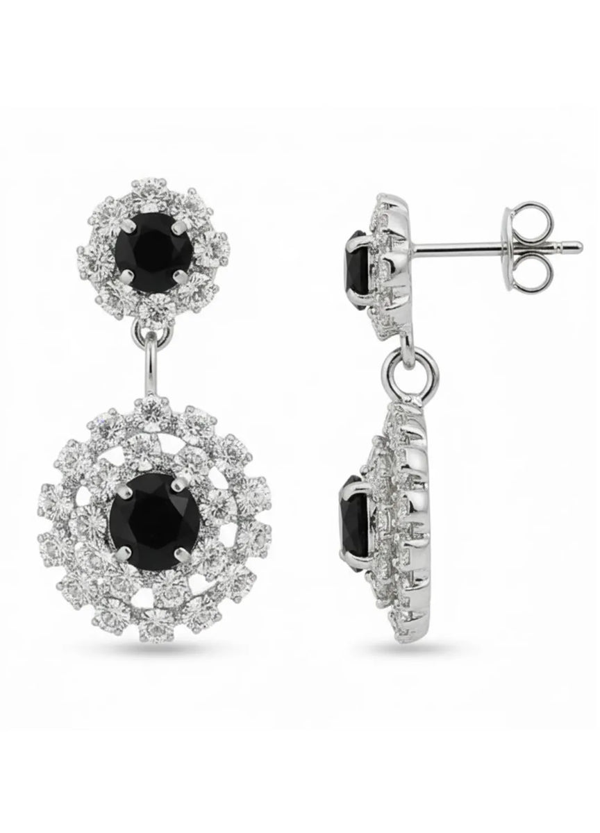 Peora Black CZ Floral Halo Silver Necklace Set