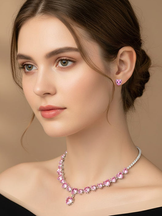 Peora Pink Heart Crystal Necklace Set