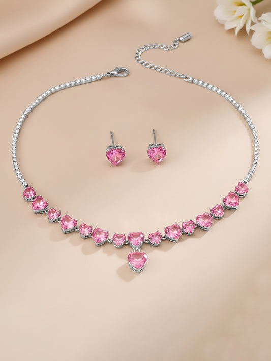 Peora Pink Heart Crystal Necklace Set