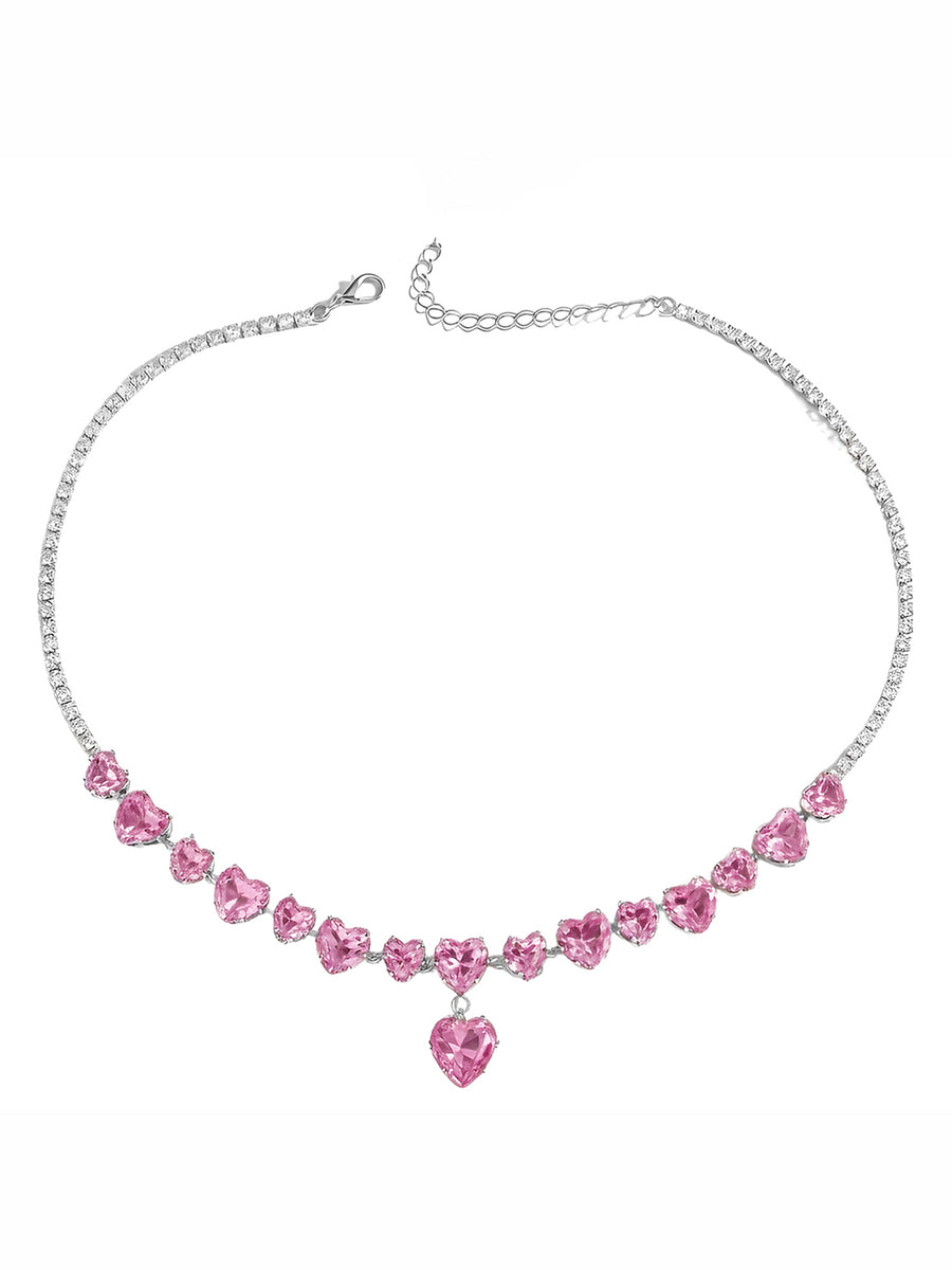Peora Pink Heart Crystal Necklace Set