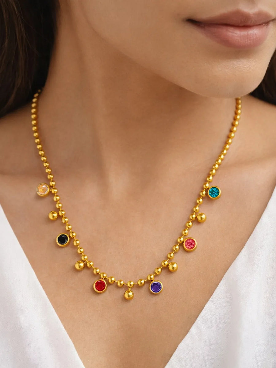 Peora Vibrant Rainbow CZ Gold Bead Chain Necklace