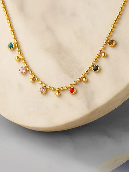 Peora Vibrant Rainbow CZ Gold Bead Chain Necklace