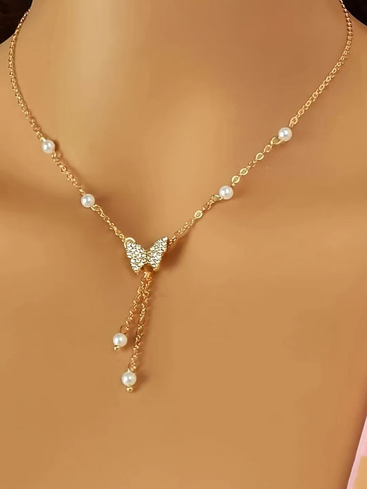 Peora Butterfly Charm Pearl Accent Necklace - Gold