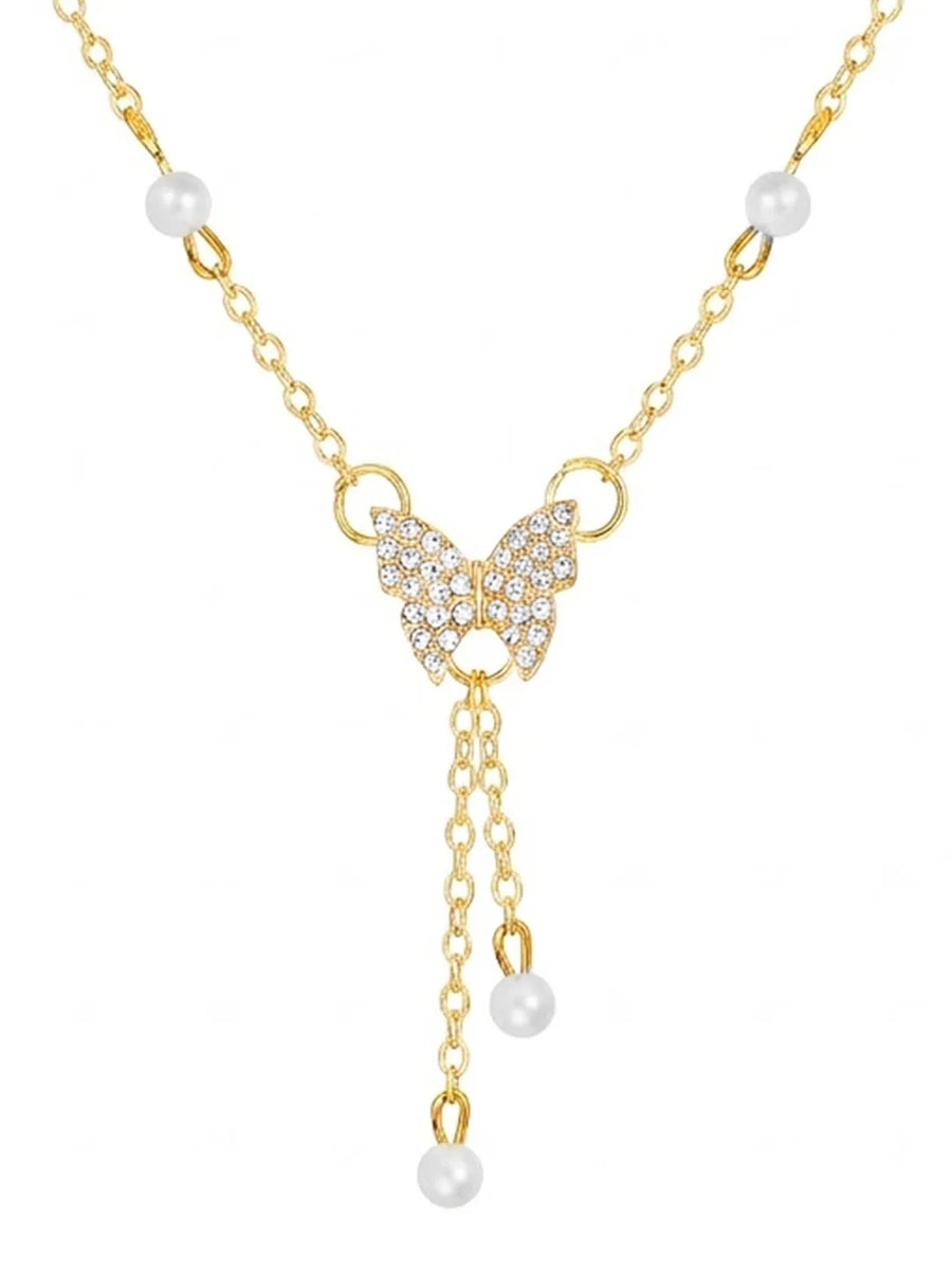 Peora Butterfly Charm Pearl Accent Necklace - Gold