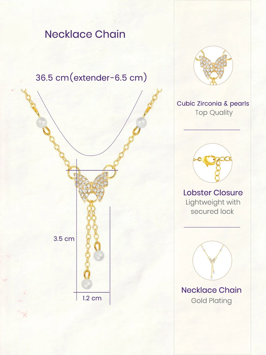Peora Butterfly Charm Pearl Accent Necklace - Gold