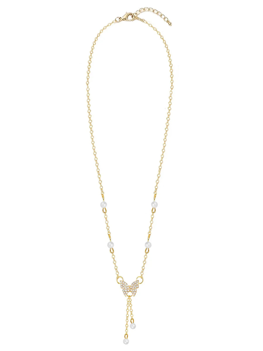 Peora Butterfly Charm Pearl Accent Necklace - Gold
