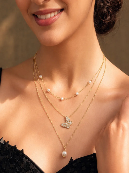 Peora Pearl Butterfly Charm Layer Necklace - Gold
