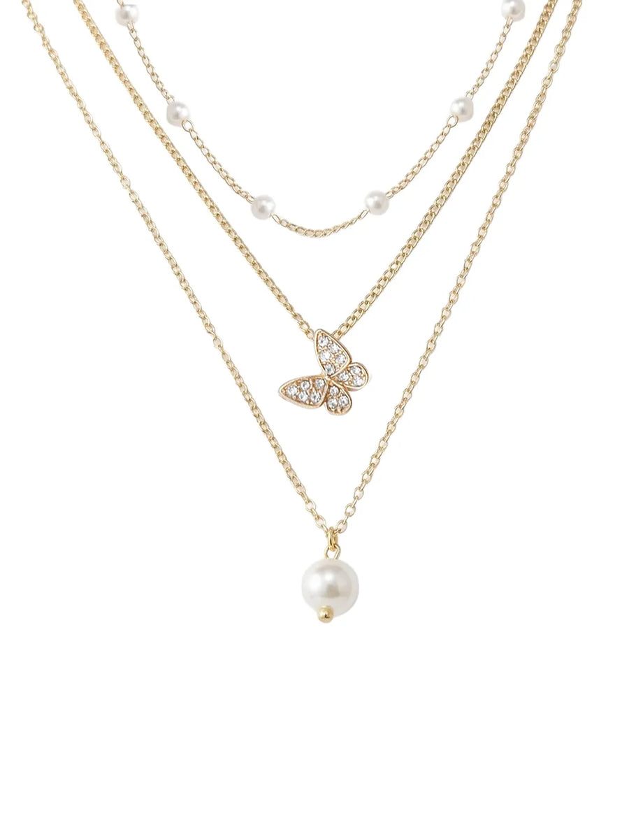 Peora Pearl Butterfly Charm Layer Necklace - Gold