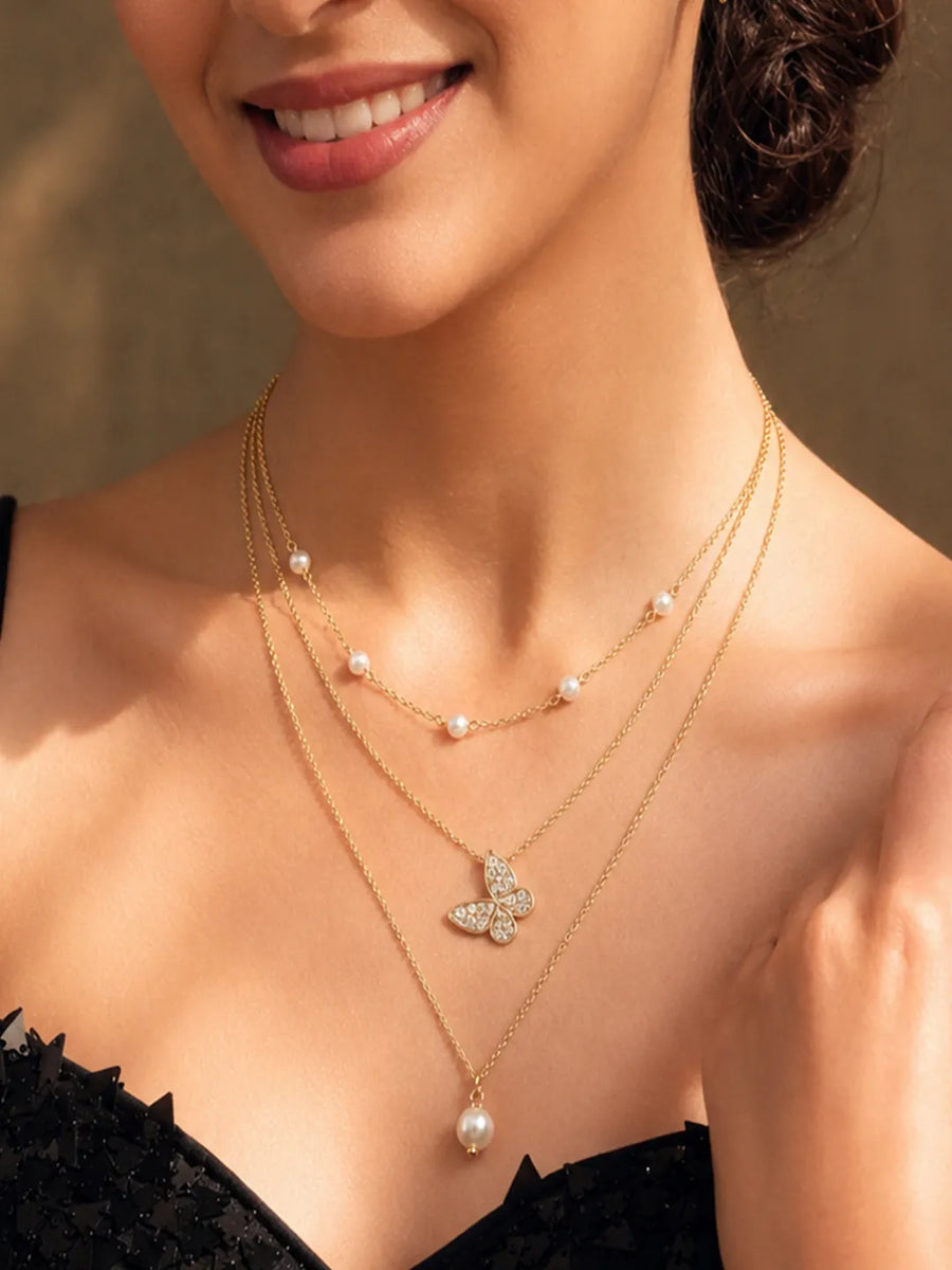 Peora Pearl Butterfly Charm Layer Necklace - Gold