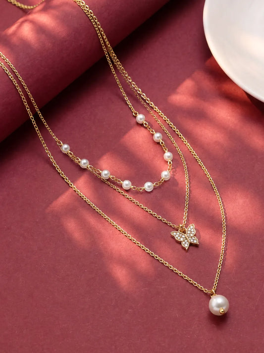 Peora Pearl Butterfly Charm Layer Necklace - Gold