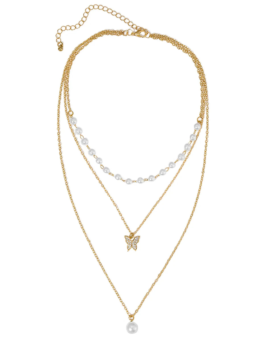 Peora Pearl Butterfly Charm Layer Necklace - Gold