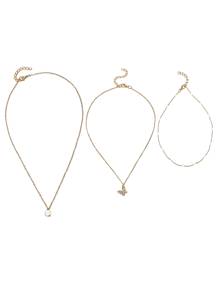 Peora Pearl Butterfly Charm Layer Necklace - Gold