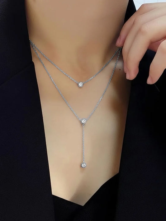 Peora Minimalist Silver CZ Double Layer Necklace