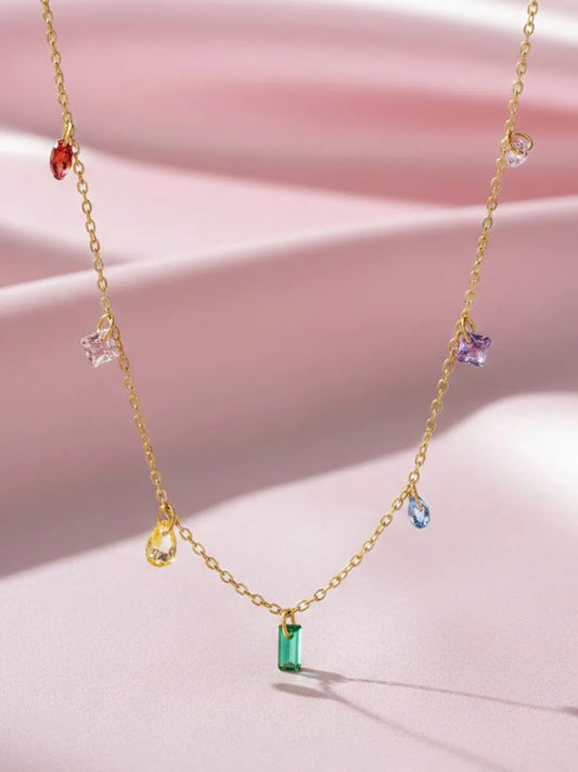 Peora Rainbow CZ Multi Charm Gold Chain Necklace
