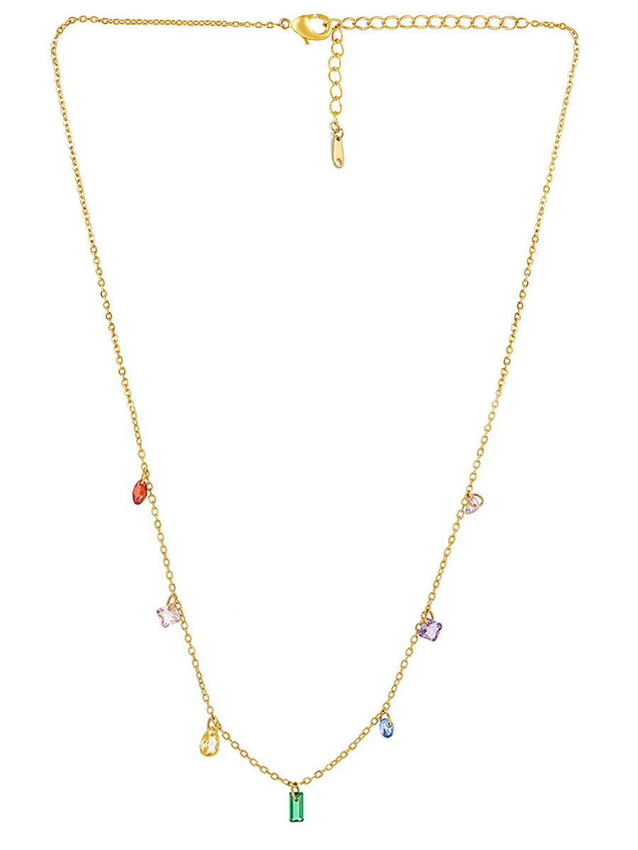 Peora Rainbow CZ Multi Charm Gold Chain Necklace